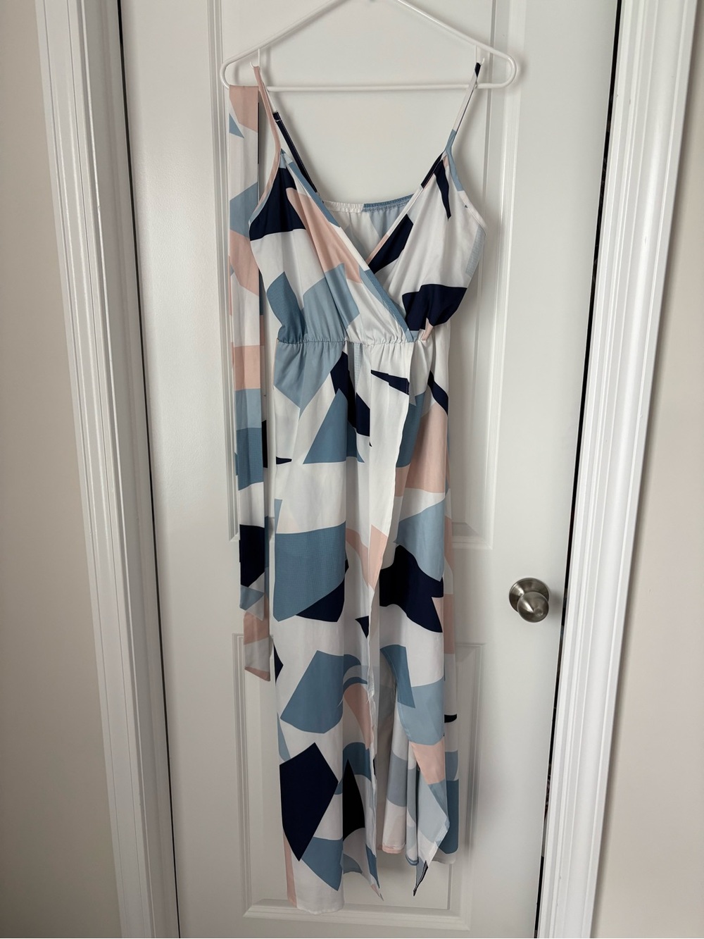 Women's White Geometric Maxi Dress with Blue and Blush